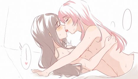 2girls absurd_res arm_around_partner bang_dream! bang_dream!_it's_mygo!!!!! bed bed_sheet blush breast_press breasts brown_hair chihaya_anon closed_eyes color completely_nude dyed_hair female heart highres in_bed kissing lighting long_hair looking_pleasured lying lying_on_back lying_on_bed motion_lines nagasaki_soyo nude pink_hair risai romantic romantic_couple saliva side_view sideass sideboob speech_bubble spoken_heart sweat symmetrical_docking twitching under_covers white_background yuri