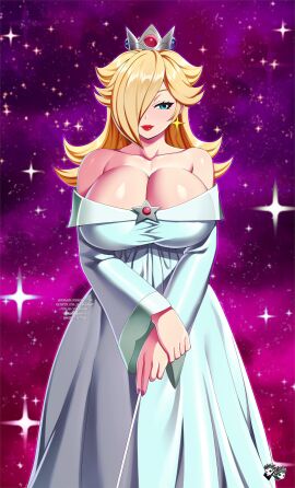 1girls big_breasts blonde_hair blue_eyes breasts cleavage crown dress female female_only hair_over_one_eye hi_res jadenkaiba long_hair looking_at_viewer mario_(series) nintendo princess_rosalina princess_rosalina_(movie) red_lipstick smiling smiling_at_viewer solo super_mario_galaxy super_mario_galaxy_(2026_film)