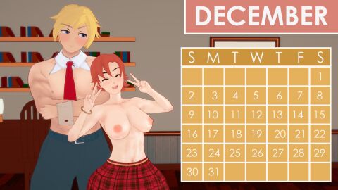 1boy 1girls blonde_female blonde_hair breasts calendar_(medium) calendar_pinup december_(month) female half-dressed half_naked half_naked_female half_naked_male indrick_[artist] jaune_arc male nora_valkyrie orange-haired_female orange_hair pinup pinup_girls pinup_pose rwby skirt tie