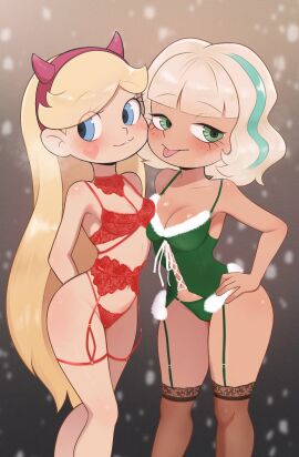 2024 blonde_hair blue_eyes blue_hair blush breasts brown_background cleavage disney disney_channel disney_xd female female_only freckles freckles_on_face green_lingerie h_space hair_streak headband jackie_lynn_thomas lingerie long_hair red_lingerie star_butterfly star_vs_the_forces_of_evil take_your_pick tongue tongue_out