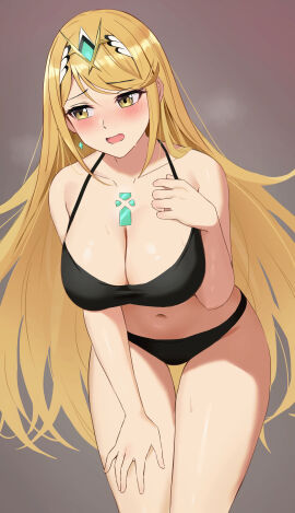 absurd_res alluring amayo_thranana averting_eyes big_breasts black_bra black_panties blonde_hair blush bra breasts cleavage core_crystal_(xenoblade) cowboy_shot earrings female grey_background high_res jewelry leaning_forward long_hair mythra navel open_mouth panties tiara underwear xenoblade_(series) xenoblade_chronicles_2 yellow_eyes