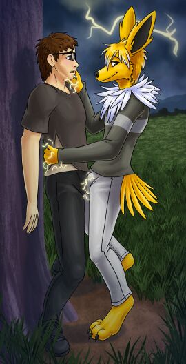 4_toes 5_fingers absurd_res against_natural_surface against_surface against_tree anthro black_sclera blue_eyes blush bottomwear brown_hair bulge bulge_rubbing caressing caressing_face claws clothed clothing detailed_background digitigrade duo eeveelution electricity eye_contact eyewear feet fingers footwear fully_clothed fur gasp generation_1_pokemon glasses grass hair head_tuft hi_res human imminent_transformation jolteon lightning looking_at_another male male/male mammal mane mountain neck_tuft night nintendo open_mouth outside pants paws plant pokemon pokemon_(species) seductive shirt shoes sky smile standing sweater t-shirt tail toe_claws toes topwear transformation tree tuft white_eyes yellow_body yellow_fur