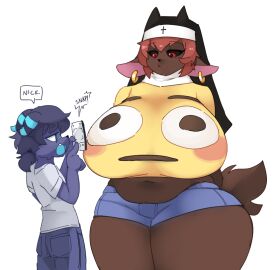 1boy 1girls 2020s 2024 2d 2d_(artwork) anthro anthro_only anthrofied big_breasts black_sclera breasts chubby chubby_female clothing earrings emoji_shirt female fully_clothed funny fur furry furry_female furry_only goat goat_girl goat_horns hi_res highres large_breasts long_ears male male/female marian_(fakkuza) meme red_eyes rtil shirt smaller_male taking_picture unimpressed wolf wolf_boy zak_(zak_hitsuji)