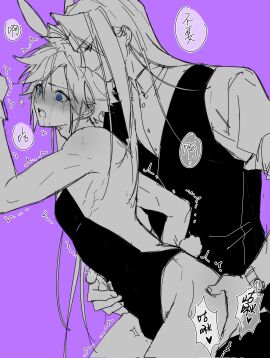 2boys alternate_costume animal_ears arm_up black_leotard black_pants black_vest blue_eyes blush bulge chinese_commentary chinese_text cloud_strife collared_shirt commentary_request crossdressing dress_shirt ear_blush earrings fake_animal_ears final_fantasy final_fantasy_vii from_side gay green_eyes greyscale_with_colored_background grin half-closed_eyes hand_on_another's_ass hand_on_another's_stomach heart highres jewelry leotard long_bangs long_hair looking_at_another looking_down male male_focus male_only male_playboy_bunny malesub multiple_boys multiple_males nose_blush open_mouth pants parted_lips purple_background rabbit_ears rabbit_tail saliva sephiroth shirt short_hair small_bulge smile spoken_heart spot_color strapless strapless_leotard stud_earrings sweat tail teeth translation_request trembling upper_body upper_teeth vest watch wrist_cuffs wristwatch yaoi zhi1900