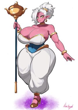 ass baggy_clothing big_ass big_breasts bracelet breasts earrings eyeliner female genie genie_lamp gold_eyes high_heels huge_breasts jewelry magic nansleigh2k pink_skin self_upload slim_waist staff thick_hips thick_thighs white_hair