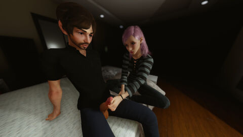 1boy 1girls 3d bedroom blurry_background brother_and_sister brown_hair cgi clothed dark_room female handjob male on_bed original_characters painted_nails pants penis penis_out pink_hair shy straight sweater touching_penis