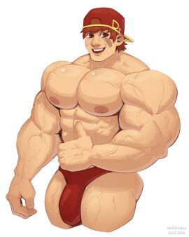 1boy abs artist_name backwards_baseball_cap bandaid_on_face bara bulge dated hair male male_focus male_only muscular muscular_arms muscular_chest muscular_male nipples pecs pectorals simple_background solo solo_male text thighs wardgaya yaoi