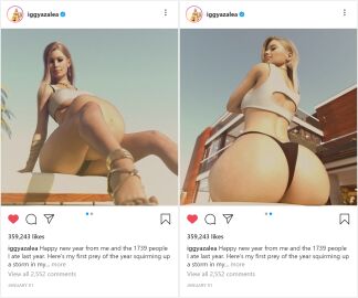 1girls 3d ass back_view beauty_mark belly big_ass big_belly big_breasts blonde_hair breasts bubble_ass bubble_butt celebrity diskdata earrings female female_pred huge_ass huge_belly iggy_azalea instagram panties real_person same_size_vore social_media text underboob vore