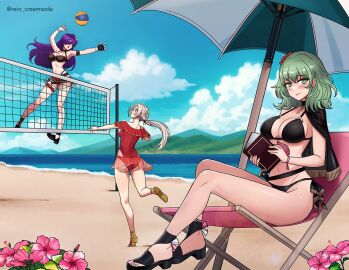 3girls alternate_costume alternate_hairstyle ass ball_(object) bare_legs beach big_ass black_bikini black_swimsuit blush book breasts byleth_(fire_emblem) byleth_(fire_emblem)_(female) capelet casual_one-piece_swimsuit cleavage edelgard_von_hresvelg edelgard_von_hresvelg_(summer) enlightened_byleth_(female) female female_only fire_emblem fire_emblem:_three_houses fire_emblem_heroes fire_emblem_warriors:_three_hopes frilled_one-piece_swimsuit frills green_eyes green_hair grey_hair hair_over_one_eye jumping large_breasts legs long_hair looking_at_viewer multiple_females multiple_girls nintendo ocean official_alternate_costume official_alternate_hairstyle one-piece_swimsuit outdoors playing ponytail purple_eyes purple_hair red_one-piece_swimsuit red_swimsuit rein_creamsoda sandals shez_(fire_emblem) shez_(fire_emblem)_(female) sideboob small_breasts smile swimsuit umbrella very_long_hair volleyball volleyball_net water white_hair