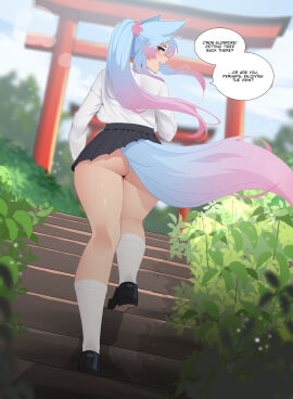 1girls absurd_res animal_humanoid anthro blue_hair breasts canid canid_humanoid canine canine_humanoid clothed clothing detailed_background dialogue english_text female female_only fox_ears fox_girl fox_tail hair hi_res humanoid indie_virtual_youtuber long_hair looking_at_viewer looking_back looking_back_at_viewer luxurias mammal mammal_humanoid pink_hair rear_view silvervale smiling smiling_at_viewer socks solo speech_bubble tail talking_to_viewer virtual_youtuber vtuber