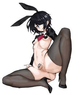1futa animal_ears arm_support bags_under_eyes black_hair black_shoes black_shrug black_thighhighs blue_eyes breasts chastity_cage closed_mouth commentary contrast_collar dickgirl fake_animal_ears flat_chastity_cage frown full_body futa_focus futa_only futa_sans_pussy futanari heart_pasties high_heels highres invisible_floor knee_up long_sleeves looking_at_viewer metal_chastity_cage navel necktie nude on_floor original pasties perineum playboy_bunny pumps rabbit_ears red_necktie reverse_bunnysuit reverse_outfit shoes short_hair shrug_(clothing) sidelocks simple_background sitting small_breasts small_chastity_cage small_testicles solo symbol-only_commentary testicles thick_thighs thighhighs thighs white_background yuick.han