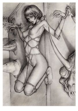 1girls against_wall breasts female hanging leolee rope short_hair small_breasts solo tied_up trophy