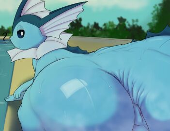 1boy anus ass big_ass big_butt big_tail bodily_fluids bubble_ass bubble_butt curvaceous curvy curvy_figure eeveelution feral generation_1_pokemon huge_ass huge_butt looking_back male male_only nintendo pokemon pokemon_(species) pool question_mark solo solo_male sweat tail vaporeon woemutt