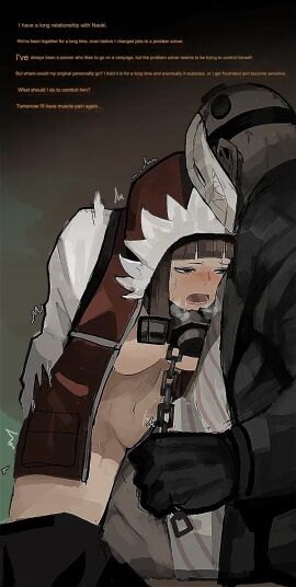 1boy 1girls artist_request blush chain_leash chains english_text female grey_background library_of_ruina machine_translated male masked_male mccullin_(library_of_ruina) naoki_(library_of_ruina) partially_clothed project_moon pussy story sweat translated unknown_artist vagina vaginal_penetration vaginal_sex