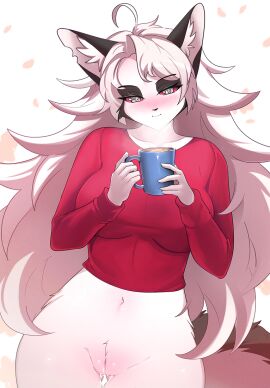 bodily_fluids canid canine canis clothing container cup female genital_fluids genitals hellaverse helluva_boss hybrid loona_(helluva_boss) mammal pinup pose red_sclera sleepyhelen solo solo_focus sweater topwear vaginal_fluids vulva wolf