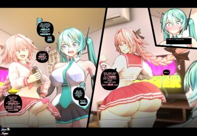 1boy 1futa ass astolfo_(fate) balls ballsack big_ass big_ass_(male) big_butt big_penis blue_eyes blue_hair blush bottom_heavy braided_ponytail bubble_ass bubble_butt crossover dialogue english_dialogue english_text erection_under_skirt fate/grand_order fate_(series) female femboy feminine_male futanari girly hair_ribbon hatsune_miku hips_wider_than_shoulders huge_ass huge_butt hung_femboy hung_trap intersex large_ass large_butt light-skinned_female light-skinned_femboy light-skinned_male light_skin looking_back male male_focus no_panties pale-skinned_female pale-skinned_male pale_skin penis pink_eyes pink_hair plump_ass short_skirt skirt smiling standing talking_to_another text text_bubble thick_ass thick_thighs thighhighs tie twintails vocaloid wide_hips xscapism