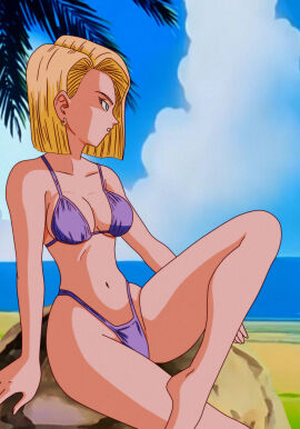 1girls android android_18 android_girl ass beach belly_button bikini blonde-haired_female blonde_female blonde_hair blue-eyed_female blue_eyes blue_sky blue_sky_background breasts cloud clouds cloudy_sky dragon_ball dragon_ball_super dragon_ball_z earring earrings eyelashes female female_focus female_only highres hips jewelry legs light-skinned_female light_skin looking_at_viewer looking_away medium_breasts medium_hair navel ocean ocean_background purple_bikini purple_bikini_bottom purple_bikini_top salvamakoto sand sea sea_background sitting sitting_down sitting_on_rock sky solo solo_female solo_focus swimsuit thighs trees water
