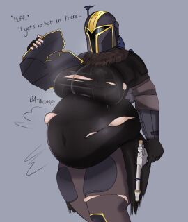 1girls bbw breasts clothes_too_small dialogue female female_only huge_belly huge_breasts ladyemberr overweight overweight_female ripped_clothing solo solo_female sweat text tight_clothing