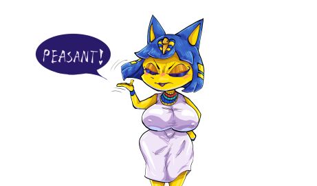 2d 2d_(artwork) animal_crossing ankha ankha_(animal_crossing) big_breasts big_hips big_thighs blue_hair breasts cat_girl catgirl closed_eyes dress english_text feline female furry gothina gothina_nsfw huge_breasts huge_hips huge_thighs hyper_breasts necklace nipples_visible_through_clothing shortstack speech_bubble text text_bubble thick_hips thick_thighs tsundere yellow_fur
