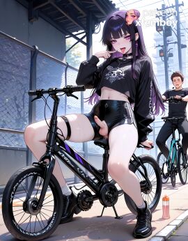 1boy 1femboy ai_generated androgynous ass_focus bicycle black_footwear blush bulge choker crop_top crossdressing femboy feminine_male garter_strap girly_boy goth_fashion hair_ornament heart-shaped_pupils hotpants latex long_hair lower_body male_on_trap muscular_male night open_mouth otoko_no_ko outdoors penis pov public purple_eyes purple_hair shiny_clothes sitting_on_person smile sneakers straddling street thigh_strap thighhighs-like tongue_out trap trap_on_female trap_on_male urban xfemboy yaoi