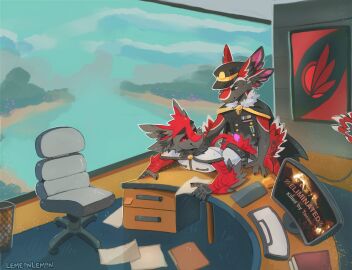 absurd_res anthro avali bent_over bent_over_desk black_body black_feathers black_uniform bodily_fluids book cable cape carpet chair claws clothing computer desk desktop drawers dripping duo electronics eye_contact eyebrows feathers floor flower folder furniture game_over gameplay_mechanics genitals gold_(metal) grey_body grey_feathers hat headgear headwear hi_res hill keyboard knot lemeonlemon looking_at_another looking_down_at_partner male male/male medal monitor multi_ear office office_chair painting paper paper_bin penis phone plant post-it_note purple_penis red_body red_eyes red_feathers reedernater river sand shrub sky smile smug smug_face striped_body stripes table tail tail_feathers tapering_penis tawani text trash_can uniform wall_(structure) water white_body white_eyes white_feathers white_uniform window winged_arms wings wood wood_floor wood_wall