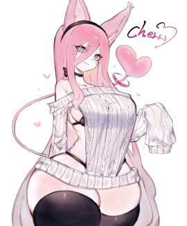 1girls black_thighhighs blue_eyes cat_ears cat_girl cat_tail catgirl female female_only heart-shaped_pupils hi_res long_hair looking_at_viewer original original_character pink_hair smiling smiling_at_viewer solo sweater tail text thick_thighs thighhighs toge77789 togetoge virgin_killer_sweater whiskers white_background wide_sleeves
