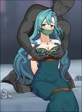 1boy 1girls alternate_costume aqua_hair arms_behind_back bare_arms bed blue_hair blush bondage bound bound_arms bound_legs braid breast_grab breasts captured chloe_(fire_emblem) cleavage cloth_gag collarbone deep_skin double_breast_grab dress embarrassed female female_focus femsub fire_emblem fire_emblem_engage flower frown gag green_eyes groping improvised_gag just_some_guy long_hair male maledom medium_breasts molestation necklace nintendo official_alternate_costume on_bed restrained rope rose short_sleeves sitting solo_focus very_long_hair