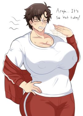 1boy busty busty_boy cleavage fanning fanning_self gatocafe12 glasses male male_cleavage male_only male_with_breasts nipple_bulge nipples_visible_through_clothing solo solo_male sweating sweaty