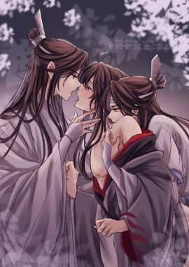 3boys after_kiss ahoge bare_shoulders bishounen biting biting_neck black_hair black_hanfu blurry blurry_background blush brown_hair chinese_clothes coat coat_partially_removed dual_persona eye_contact flower from_side grey_coat group_sex hair_down half_updo hand_on_another's_neck hanfu headband highres hug hug_from_behind lan_wangji long_hair long_sleeves looking_at_another male male_focus mmm_threesome modao_zushi multiple_boys multiple_males nipples off_shoulder official_alternate_costume official_alternate_hairstyle open_clothes open_coat open_mouth open_robe pectorals profile purple_eyes robe robe_partially_removed saliva saliva_trail sandwiched semiusa1010 sex sex_from_behind sidelocks sleeves_past_wrists sweat threesome tongue topknot tree watermark wei_wuxian wei_wuxian_(yiling_laozu) white_flower white_hanfu white_headband wide_sleeves xiao_guan_(headdress) yaoi yellow_eyes