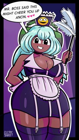 big_breasts big_thighs brown_skin cleavage dark-skinned_female dark_skin dialogue dolly_dimpley duster electricsnake1 huge_thighs looking_at_viewer maid maid_apron maid_headdress maid_outfit maid_uniform smiling_friends tagme text