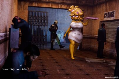 1girls 3d 5boys alternate_version_available apron barefoot big_breasts breasts cally3d chica_(cally3d) chica_(fnaf) chiku chiku_(cryptia) clazzey cryptiacurves fazclaire's_nightclub female five_nights_at_freddy's fredina's_nightclub full_body holding holding_pizza_box male masteryorg0 pizza_box