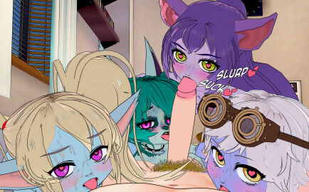 1boy 3d 4girls blonde_hair blowjob blue_body blue_skin blush fatallyobsessed fellatio female goggles goggles_on_head green_eyes green_hair green_skin heart-shaped_pupils human human_on_humanoid humanoid league_of_legends licking_nipples licking_penis lulu_the_fae_sorceress male multiple_females multiple_girls onomatopoeia oral penis poppy pubic_hair purple_body purple_eyes purple_hair purple_skin silver_hair sweat tristana vex_(league_of_legends) yellow_eyes yordle yordle_on_human