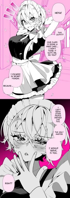 1girls a_boyish_girlfriend_in_high_humidity blush breasts clothed dialogue english_text female female_focus maid maid_apron maid_dress maid_headdress maid_outfit maid_uniform manga open_mouth original original_character ouchi_kaeru pink_background short_hair solo solo_focus sweat tomboy translated