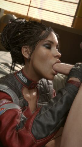 1boy 1girls 3d 3d_(artwork) afro-native alternate_costume american athletic athletic_female bedroom big_penis black_gloves black_hair blowjob blowjob_face bluelight brown-skinned_female brown_eyes brown_hair brown_skin cd_projekt_red cfnm closed_eyes clothed_female_nude_male cock_worship cyberpunk_(series) cyberpunk_2077 dark-skinned_female dark_skin dreadlocks eyebrow_slits eyelashes eyes_closed eyeshadow female freckles gloved_handjob gloves hair_bun handjob handjob_while_sucking hi_res indoors interracial jacket kneeling light-skinned_male light_skin male mature_female native_american oral panam_palmer penis relaxed relaxing seductive_mouth skinny slim sucking sucking_penis tied_hair