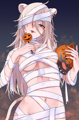 1girls artist_request big_breasts breasts cleavage female grey_hair halloween halloween_costume hololive hololive_gen_5 hololive_japan large_breasts lion lion_ears lion_girl lion_tail lioness long_hair looking_at_viewer mostly_nude mummy mummy_costume mummy_wrappings revealing_clothes shishiro_botan skimpy skimpy_clothes solo thighs virtual_youtuber vtuber
