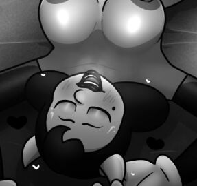 2025 2d 2d_(artwork) 2d_artwork alice_angel angel angel_girl artist_logo artist_name beanontoast bendy_and_the_ink_machine big_breasts black_hair black_lipstick breasts female horns monochrome