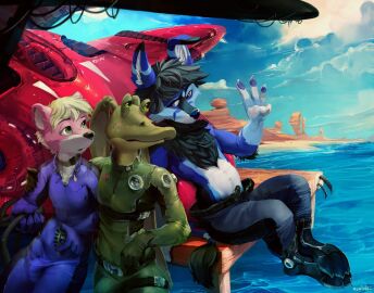 alien anthro black_body black_fur black_hair black_nose blonde_hair blue_body blue_bodysuit blue_clothing blue_fur blue_nose blue_pawpads blue_skinsuit bodysuit bulge canid canine clothed clothing cloud detailed_bulge fox fur genital_outline green_body green_bodysuit green_clothing green_eyes green_skinsuit group gungan hair inner_ear_fluff male mammal mouth_closed mustelid oselotti ottah otter outside pawpads penis penis_outline pink_body pink_fur purple_eyes salai sitting skinsuit star_wars tight_clothing topless trio tuft water white_body white_fur white_inner_ear_fluff zandt