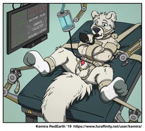 2019 animal_genitalia animal_penis ankle_cuffs anthro artist_name asylum balls black_snout blue_eyes bondage border bound canine_genitalia canine_penis clothing cuff_(restraint) digital_drawing_(artwork) digital_media_(artwork) examination_table footwear fur gag gagged genitals inflatable_gag kemira long_tail machine male male_only mammal medical mustelid muzzle_(object) muzzled otter paradoxicalotter penetration penis penis_milking_machine penis_tip restraints round_ears screen sheath simple_background socks solo straitjacket straps tail text urethral urethral_penetration url white_body white_border white_clothing white_ears white_footwear white_fur white_socks white_tail