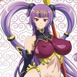 arm_warmers bare_shoulders big_breasts breasts color crotch_tattoo female female_focus female_only fringe hair_ornament hair_tie long_hair looking_at_viewer navel nipple_bulge official_art pubic_tattoo queen's_blade queen's_blade_grimoire red_eyes seiten_(queen's_blade) skimpy skimpy_clothes small_image smile smiling smiling_at_viewer staff tattoo twintails upper_body very_long_hair very_long_twintails violet_hair