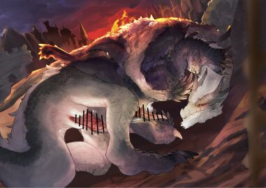 alatreon anal anal_sex animal_genitalia animal_penis black_body black_scales capcom castle censored claws digital_media_(artwork) dragon duo fatalis feral fire fur genitals hi_res horn ibuki_shione male male/male monster_hunter mythological_creature mythological_scalie mythology night on_ground outside painting_(artwork) penetration penis scales scalie spikes spikes_(anatomy) tapering_penis white_body white_fatalis white_fur yellow_eyes