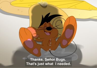absurd_res anthro anus bodily_fluids brown_body brown_fur closed_eyes clothing cum dial digital_media_(artwork) ejaculation english_text erection feet foreskin fur genital_fluids genitals hairlessboyblunder hat hat_only headgear headgear_only headwear headwear_only hi_res humanoid_genitalia humanoid_penis looney_tunes lying male mammal mostly_nude mouse murid murine nipples on_back open_mouth penis rodent simple_background smile solo speedy_gonzales spread_legs spreading tail text tongue uncircumcised warner_brothers