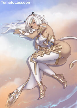 1girls animal_ears artist_name ash_(fire_emblem) ass bare_shoulders blush breasts bridal_gauntlets brown_eyes commentary cow_ears cow_girl cow_horns dark-skinned_female dark_skin earrings female female_only fire_emblem fire_emblem_heroes full_body gold_trim gradient_background grey_hair hair_ornament highres horns jewelry large_ass large_breasts lips long_hair lying medium_breasts nintendo panties parted_lips pelvic_curtain shoes sidelocks sleeveless solo tail thighhighs thighs tomatolaccoon underwear white_hair white_panties