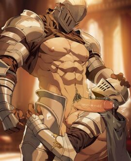 2boys abs armor armored_gloves armored_legwear back back_muscles balls bara black_shirt blue_cape brown_gloves cape clothes_lift commentary english_commentary erection gay gloves gomihebi hand_on_another's_head hands_on_another's_hips head_back helm helmet highres indoors knight male male_only male_pubic_hair motion_lines multiple_boys multiple_males muscles nipples original pauldrons pectorals penis precum precum_drip pubic_hair shirt shirt_lift shoulder_armor sidepec sweat testicles trembling veins veiny_penis yaoi