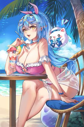 +_+ :3 :d absurdres ahoge alternate_hairstyle beach bikini blue-tinted_eyewear blue_bow blue_bowtie blue_hair blue_sky blue_wristband blush bow bowtie bracelet breast_rest breasts breasts_on_table chair choker cloud cross-laced_bikini cross-laced_clothes crossed_ankles day elf eyewear_on_head female flying food frilled_bikini frills hair_between_eyes hair_ribbon hat heart heart_ahoge high_ponytail highres holding holding_spoon hololive hololive_gen_5 hololive_japan horizon huge_breasts ice_cream ice_cream_spoon innertube jewelry leaning_forward long_hair multi-strapped_bikini_bottom o-ring o-ring_bikini ocean off-shoulder_bikini off_shoulder open_mouth outdoors palm_tree pink_bikini pink_ribbon pointy_ears ribbon ruri_(rurisuisen) sarong see-through see-through_sarong sitting sky smile spoon strapless strapless_bikini sundae sunglasses swim_ring swimsuit table tinted_eyewear tree twitter_username very_long_hair virtual_youtuber water white_choker white_hat yellow-framed_eyewear yellow_eyes yukihana_lamy yukimin_(yukihana_lamy)