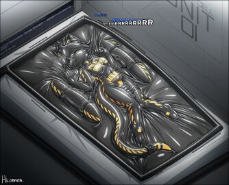 anthro black_border border canid canine clothing cyberjoel dragon edging female hi_res hiconnen latex latex_clothing latex_skinsuit mammal mythological_creature mythological_scalie mythology orgasm_denial prison prison_uniform prisoner scalie sex_toy skinsuit solo tight_clothing vacuum_bed vibrator wand_vibrator