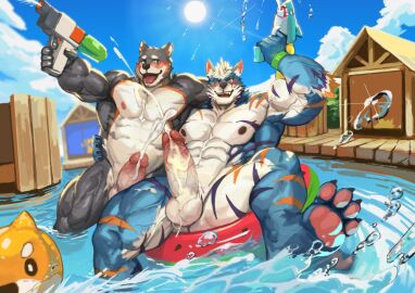 1_horn 2024 4_toes abs anthro arm_around_back balls big_penis blue_body blue_eyes blue_fur blue_sky blush bodily_fluids canid canine canis claws cloud cum cumshot domestic_dog duo ejaculation erection eye_contact eye_scar facial_scar feet finger_claws foot_in_water fur genital_fluids genitals grey_body grey_fur hair hindpaw holding_object holding_toy holding_toy_gun holding_water_gun horn humanoid_penis looking_at_another lugerdius male male/male mammal multicolored_body multicolored_fur musclegut muscles muscular muscular_anthro muscular_male muscular_thighs navel nipples nude obliques open_mouth orange_stripes outside pawpads paws pecs penis pink_pawpads plant pool pool_float purple_stripes scar shrub sky smile stripes summer sun toe_claws toes toy toy_gun traver009 vein veiny_muscles veiny_penis water_drop water_gun white_body white_fur white_hair wolf wristband yellow_eyes