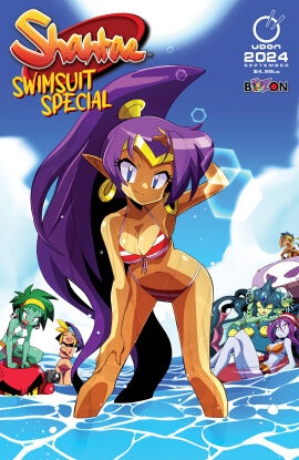 1boy 1monster 5girls accurate_art_style bandana bikini blue_eyes bolo camera circlet cleavage comic_cover dark-skinned_female dark_skin earrings english_text female female_focus genie giga_mermaid green_skin headband hi_res light-skinned_female light_skin long_hair looking_at_viewer male merfolk mermaid multiple_females multiple_girls nami_sakurajyousui ocean official_art pale-skinned_female pale_skin pointy_ears ponytail purple_hair red_eyes risky_boots rottytops shantae shantae_(character) skinny sky sky_(shantae) smile squid_baron standing_in_water swimsuit tanned tanned_female text thigh_gap very_long_hair water zombie_girl
