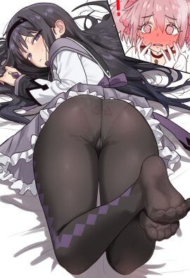 2girls @_@ absurdres akemi_homura ass black_hair black_pantyhose blush commission dress ebora feet feet_visible_through_clothing female gloves grey_dress grey_eyes hands_up highres long_hair looking_at_viewer lying madoka_kaname mahou_shoujo_madoka_magica mahou_shoujo_madoka_magica_(anime) multiple_females multiple_girls no_shoes on_stomach panties panties_under_pantyhose pantyhose pink_eyes pink_hair revision short_hair soles sweat toe_scrunch toe_seam underwear white_gloves white_panties youngmanisdown yuri