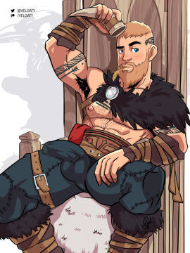 1boy armpits assassin's_creed_(series) assassin's_creed_valhalla bara beard blush bulge connected_beard covered_penis cup eivor_varinsson erection erection_under_clothes excessive_armpit_hair facial_hair facial_mark feet_out_of_frame forehead_mark full_beard hair_tattoo holding holding_cup light_brown_hair looking_at_viewer male male_focus male_only mature_male muscular muscular_male original penis short_hair solo sparse_chest_hair spread_legs thick_beard thick_eyebrows throne velgaty viking yaoi