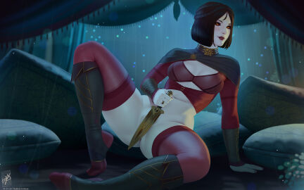 1girls 2d black_hair bra breasts brown_hair clothing covering_crotch dagger female knife looking_at_viewer nipples pale_skin pillows pussy red_bra red_eyes red_legwear red_thighhighs serana short_hair skyrim spread_legs tagme the_elder_scrolls themaestronoob thighhighs vampire white_skin